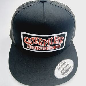 Caterpillar CAT Flat Bill Mesh Black Snapback Hat Embroidered Patch